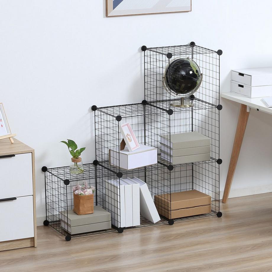 Northio Steckregal, Regalsystem mit 6 Fächern, DIY Würfelregal aus Drahtgitter, Stufenregal für Wohnzimmer, Schlafzimmer, Schwarz, 109 x 37 x 109 cm Aosom  