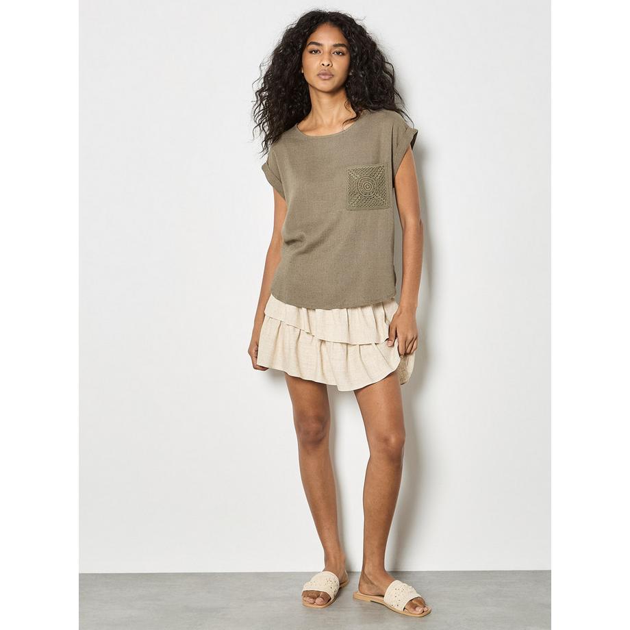 APRICOT T-shirt in misto lino con tasca all'uncinetto  