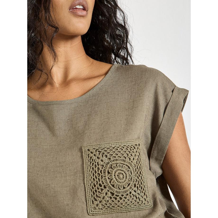 APRICOT T-shirt in misto lino con tasca all'uncinetto  