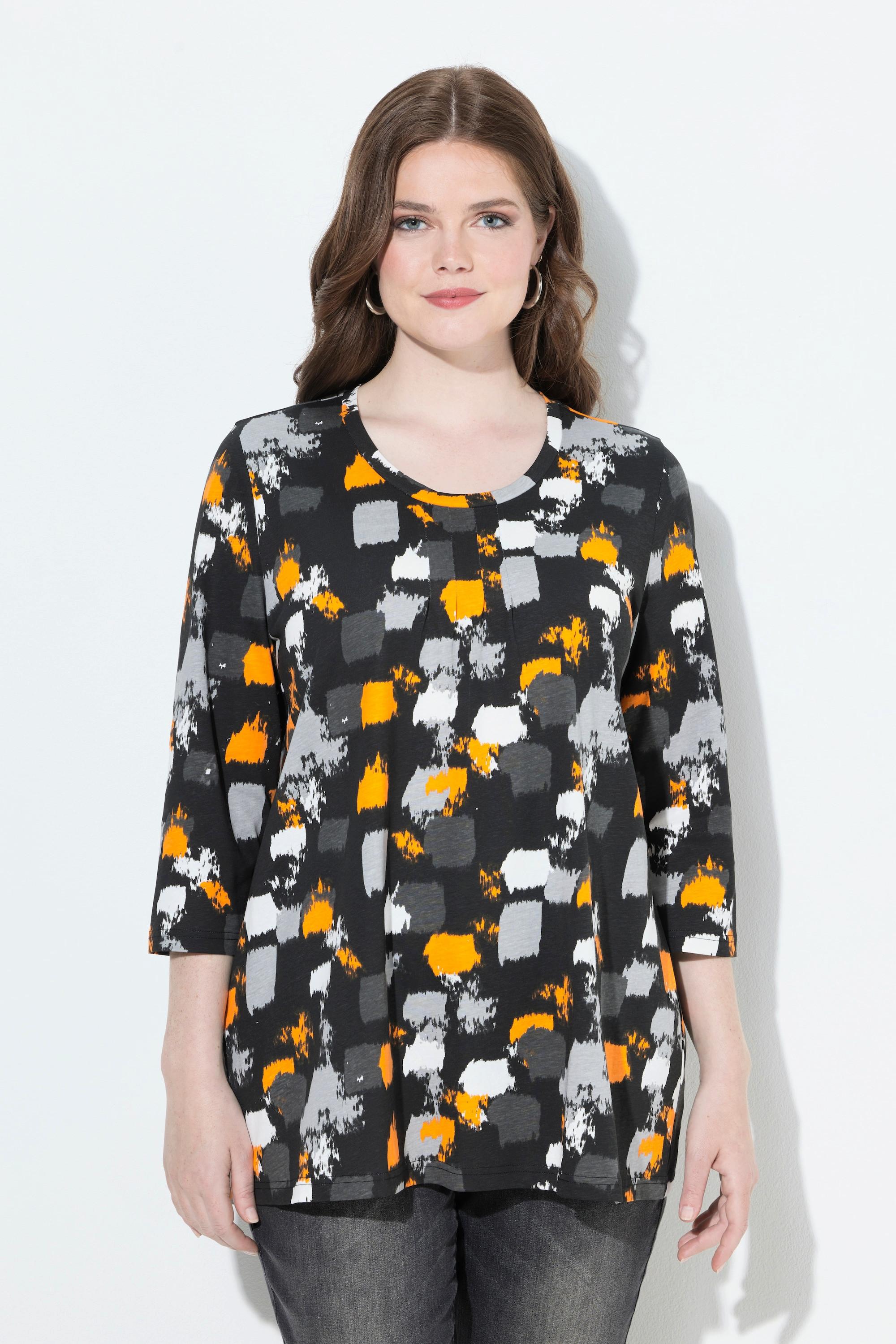 Ulla Popken Stampa Grafica Taglio Svasato Scollo a Girocollo Maniche 3/4 Maglia  