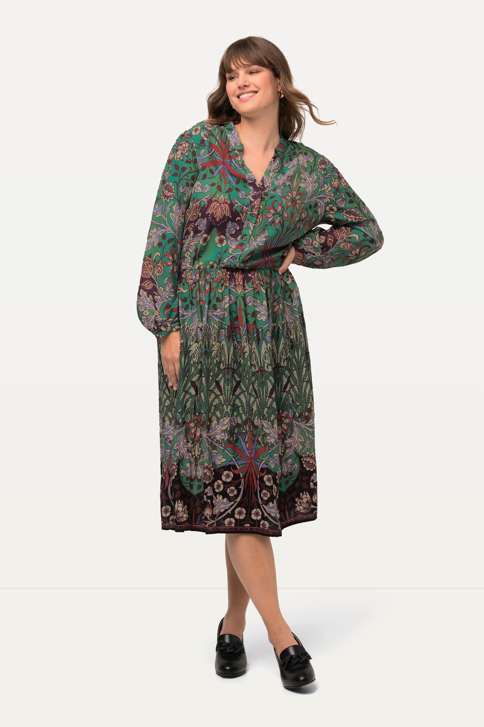 Ulla Popken  Robe midi à col en V et manches longues, imprimé patchwork 