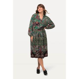 Ulla Popken  Robe midi à col en V et manches longues, imprimé patchwork 