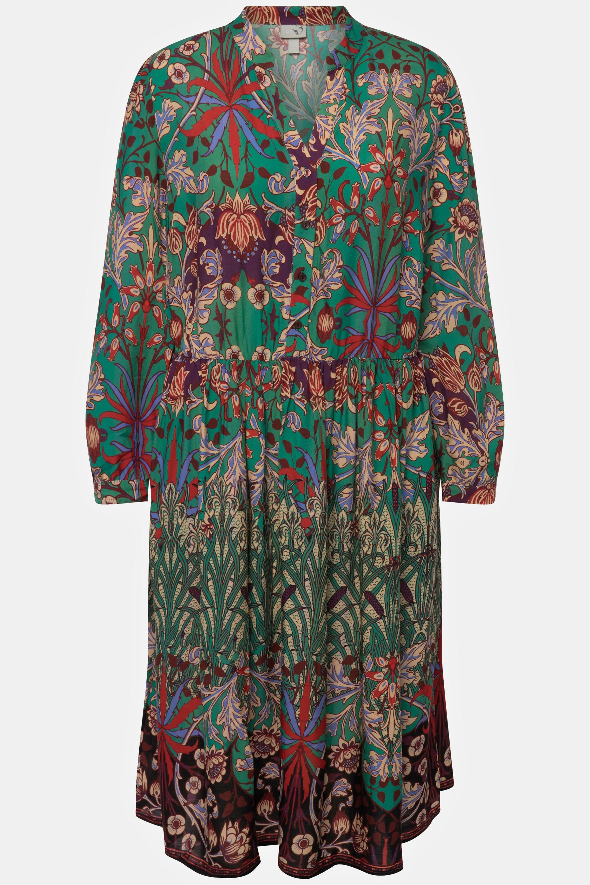 Ulla Popken Midikleid Patchdruck V-Ausschnitt Langarm  