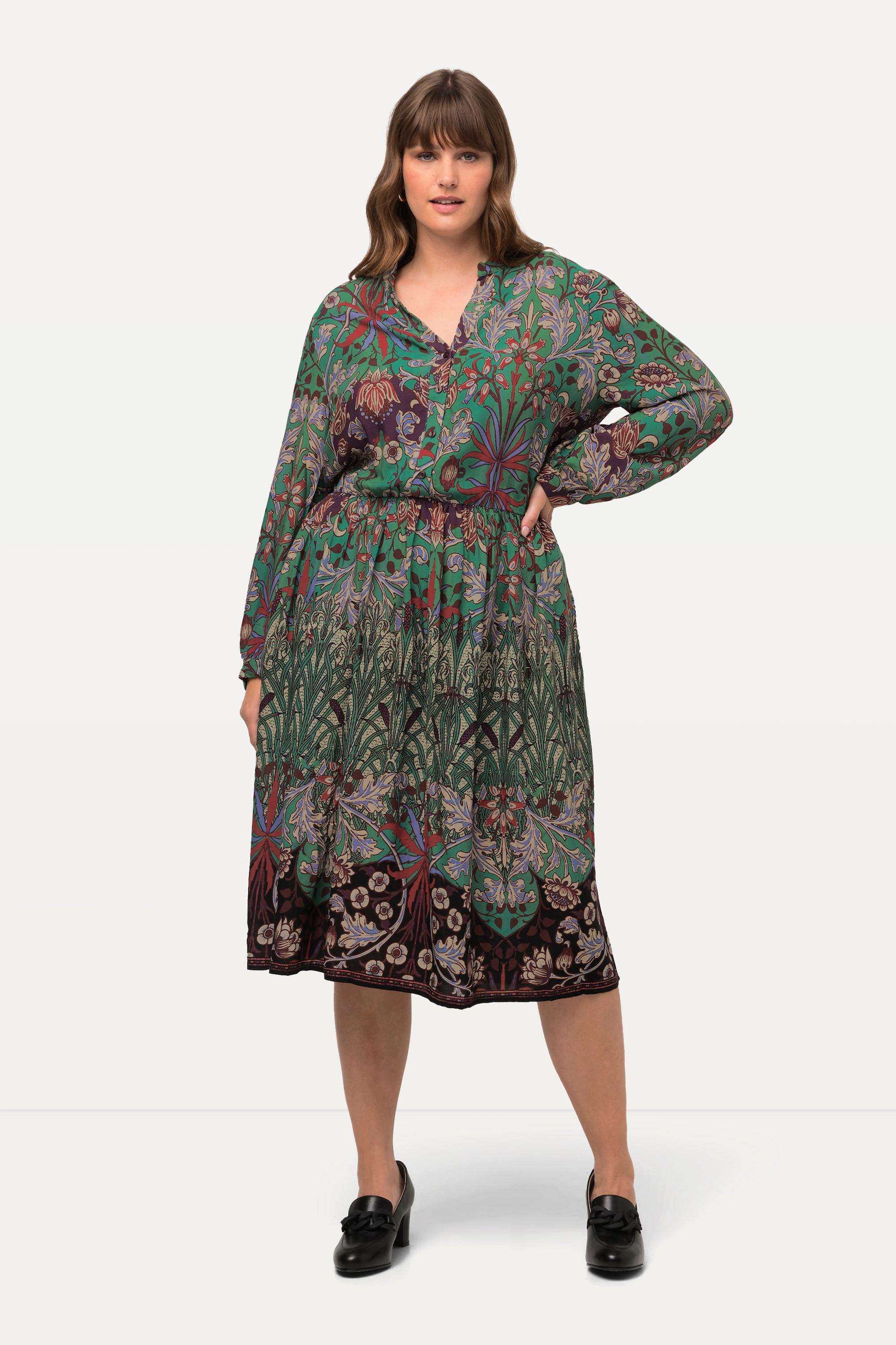 Ulla Popken  Robe midi à col en V et manches longues, imprimé patchwork 