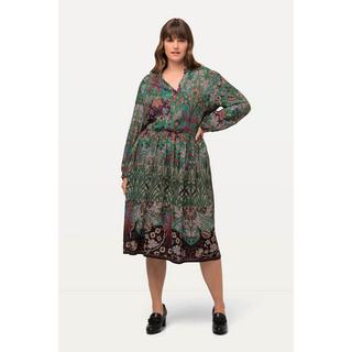 Ulla Popken  Robe midi à col en V et manches longues, imprimé patchwork 