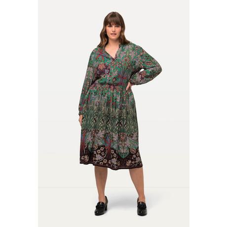 Ulla Popken  Robe midi à col en V et manches longues, imprimé patchwork 