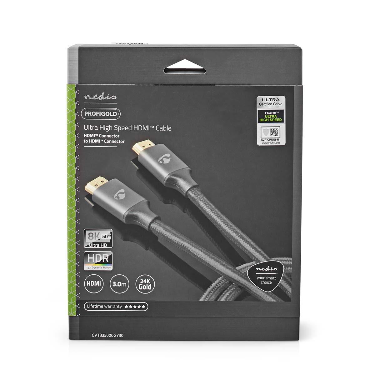 Nedis  Câble HDMI™ Ultra High Speed | Connecteur HDMI™ | Connecteur HDMI™ | 8K@60Hz | 48 Gbps | 3,00 m | Rond | 6,7 mm | Gris avec métal | Serrures 