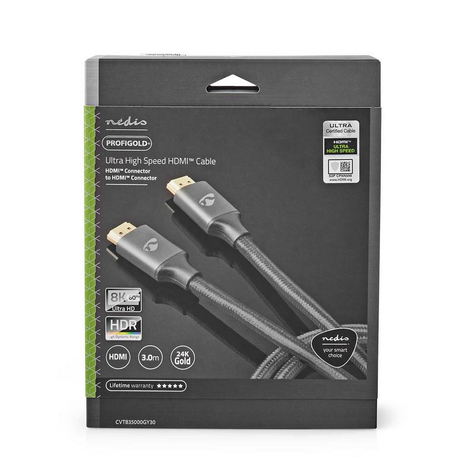 Nedis  Câble HDMI™ Ultra High Speed | Connecteur HDMI™ | Connecteur HDMI™ | 8K@60Hz | 48 Gbps | 3,00 m | Rond | 6,7 mm | Gris avec métal | Serrures 
