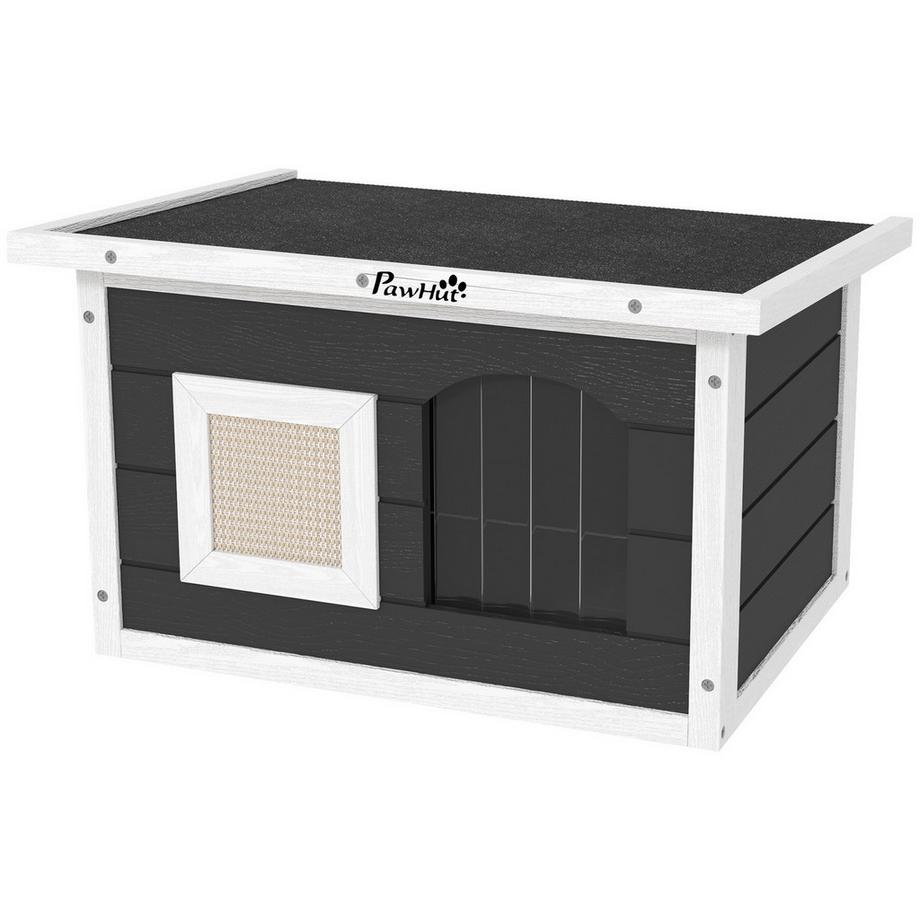 Northio  Katzenhaus aus Holz Katzenhöhle mit Kratzmatte, Türklappe, Wetterfest Katzenhütte mit Klappdach, herausnehmbarem Boden, für Indoor, Outdoor, 61 x 45 x 36,5 cm, Grau 