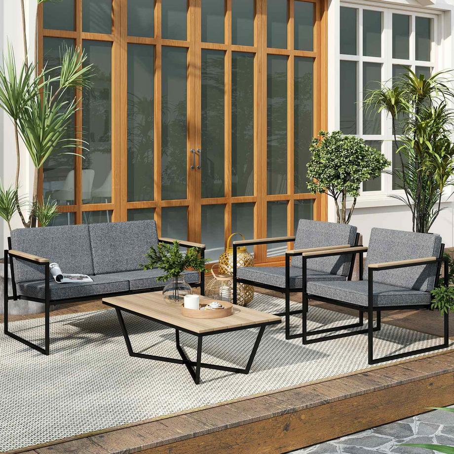Northio  Gartenmöbel Set 4 Personen wetterfest Balkonmöbel-Set mit 2er Sofa, 2 Stühle Sitzkissen Beistelltisch Outdoor Sitzgruppe Terrassenmöbel Gartengarnitur für Garten Terrasse Balkon Grau Aosom 