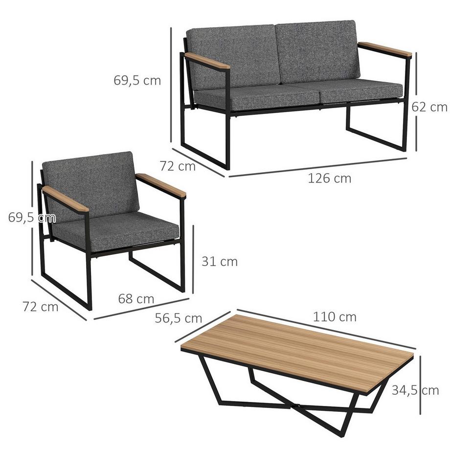 Northio  Gartenmöbel Set 4 Personen wetterfest Balkonmöbel-Set mit 2er Sofa, 2 Stühle Sitzkissen Beistelltisch Outdoor Sitzgruppe Terrassenmöbel Gartengarnitur für Garten Terrasse Balkon Grau Aosom 