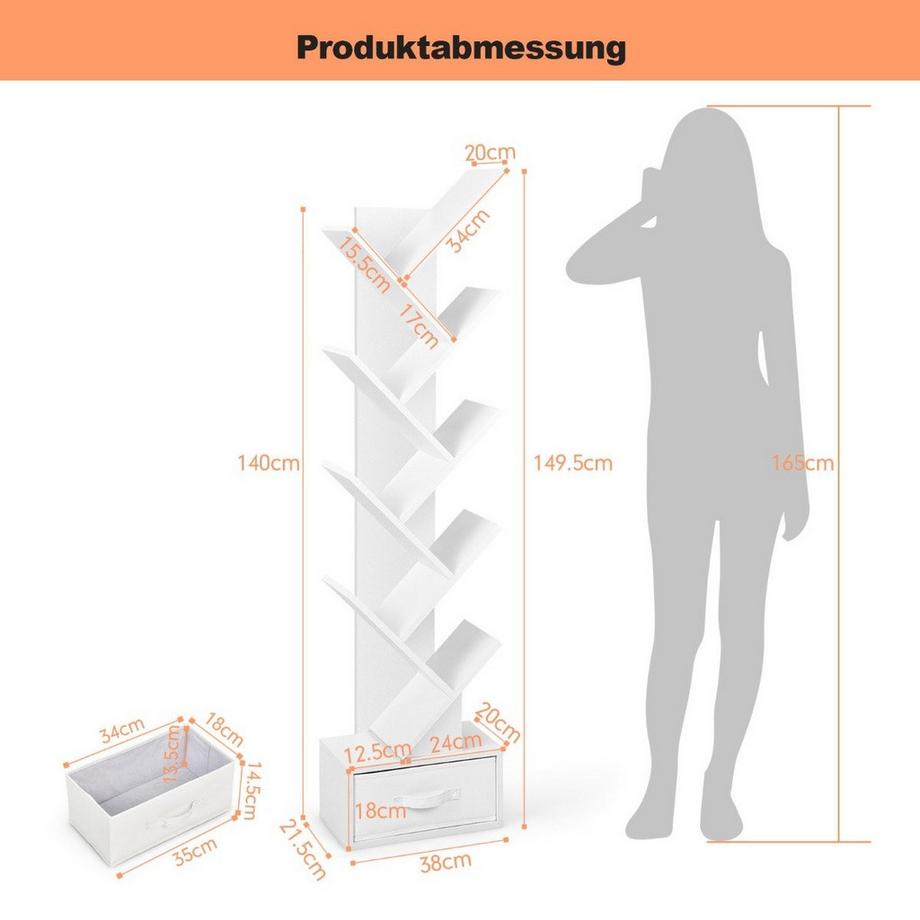 Northio 10-stöckiges Baum-Bücherregal mit Schublade Bodenstehendes Lagerregal Weiß  