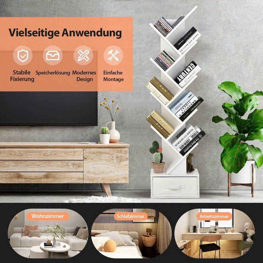 Northio 10-stöckiges Baum-Bücherregal mit Schublade Bodenstehendes Lagerregal Weiß  
