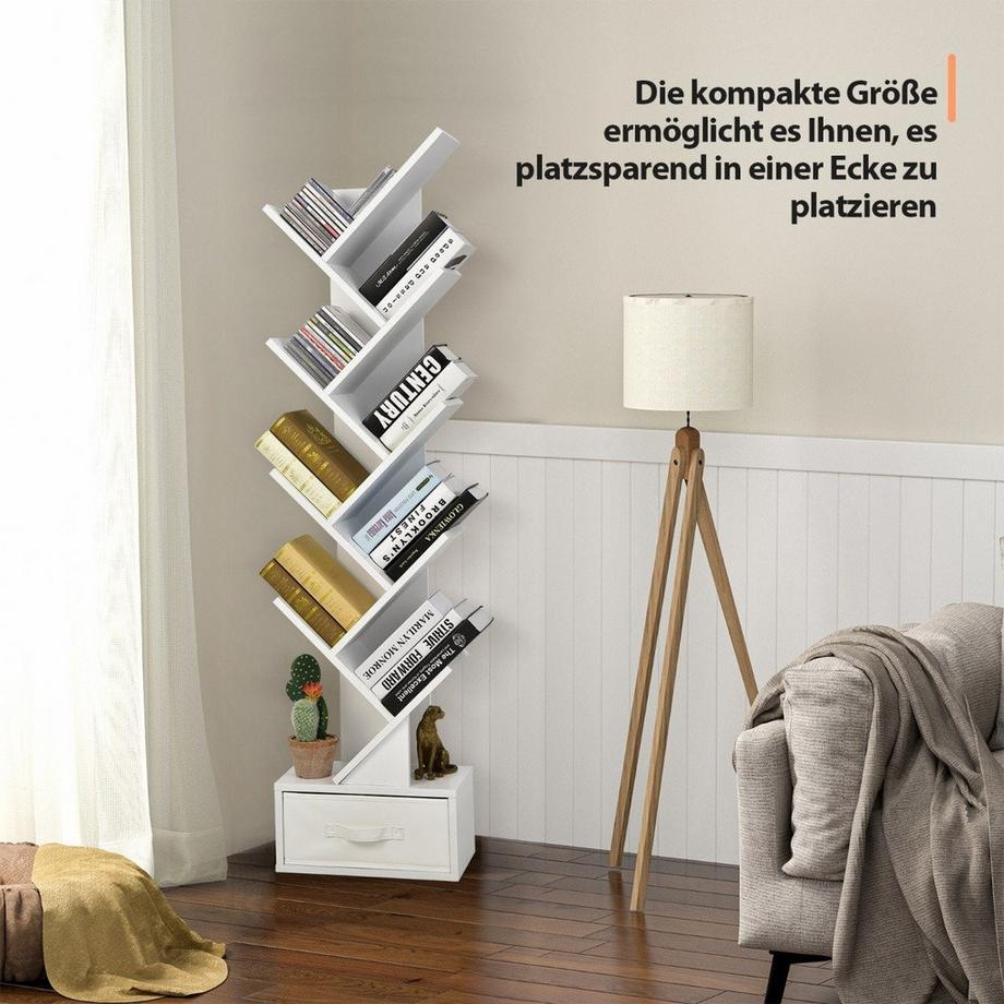 Northio 10-stöckiges Baum-Bücherregal mit Schublade Bodenstehendes Lagerregal Weiß  