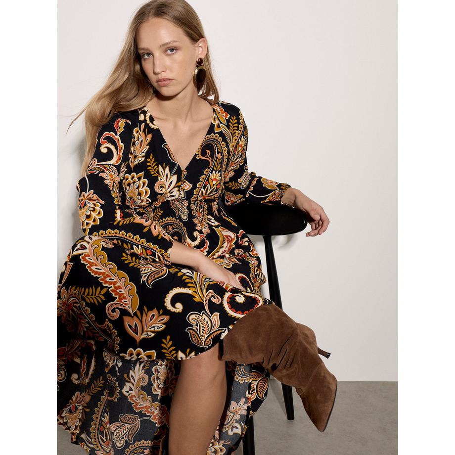 APRICOT Robe mi-longue en crêpe à motifs floraux folk  