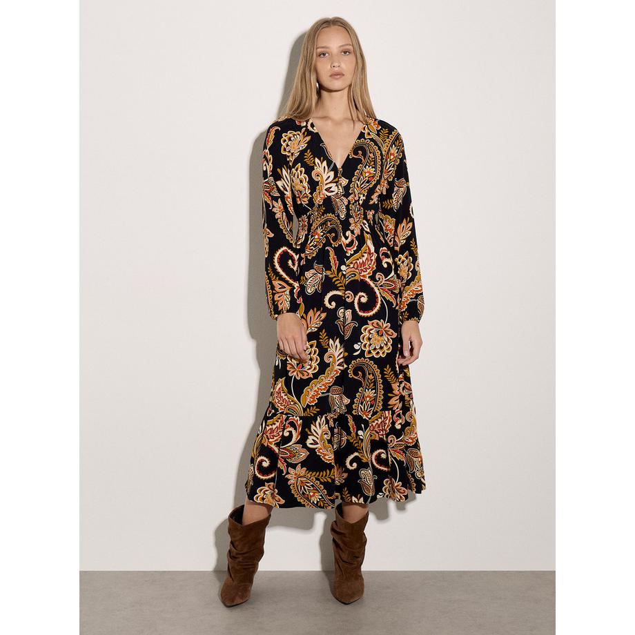 Robe mi-longue en crêpe à motifs floraux folk