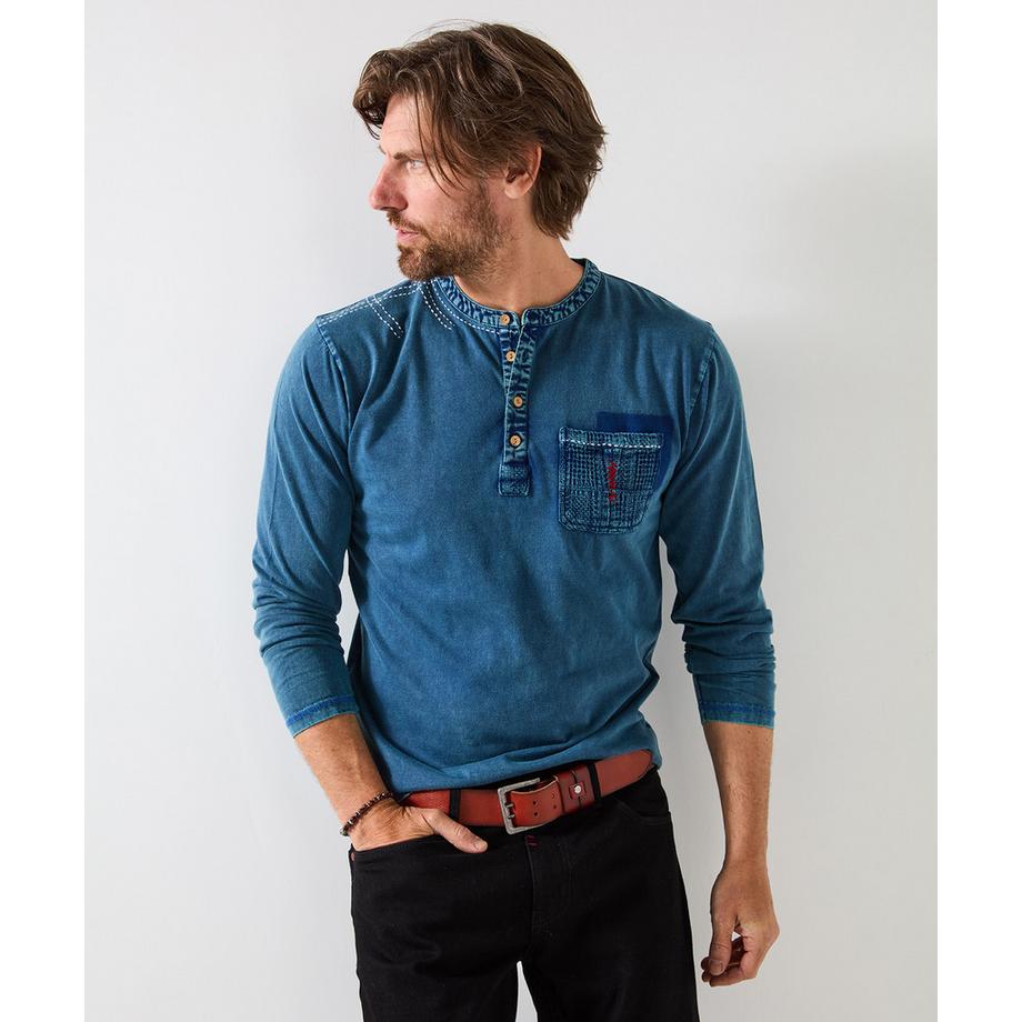 Henley indigo à manches longues effet délavé