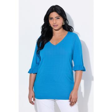 Pull en maille, encolure en V, manches courtes avec ruchés