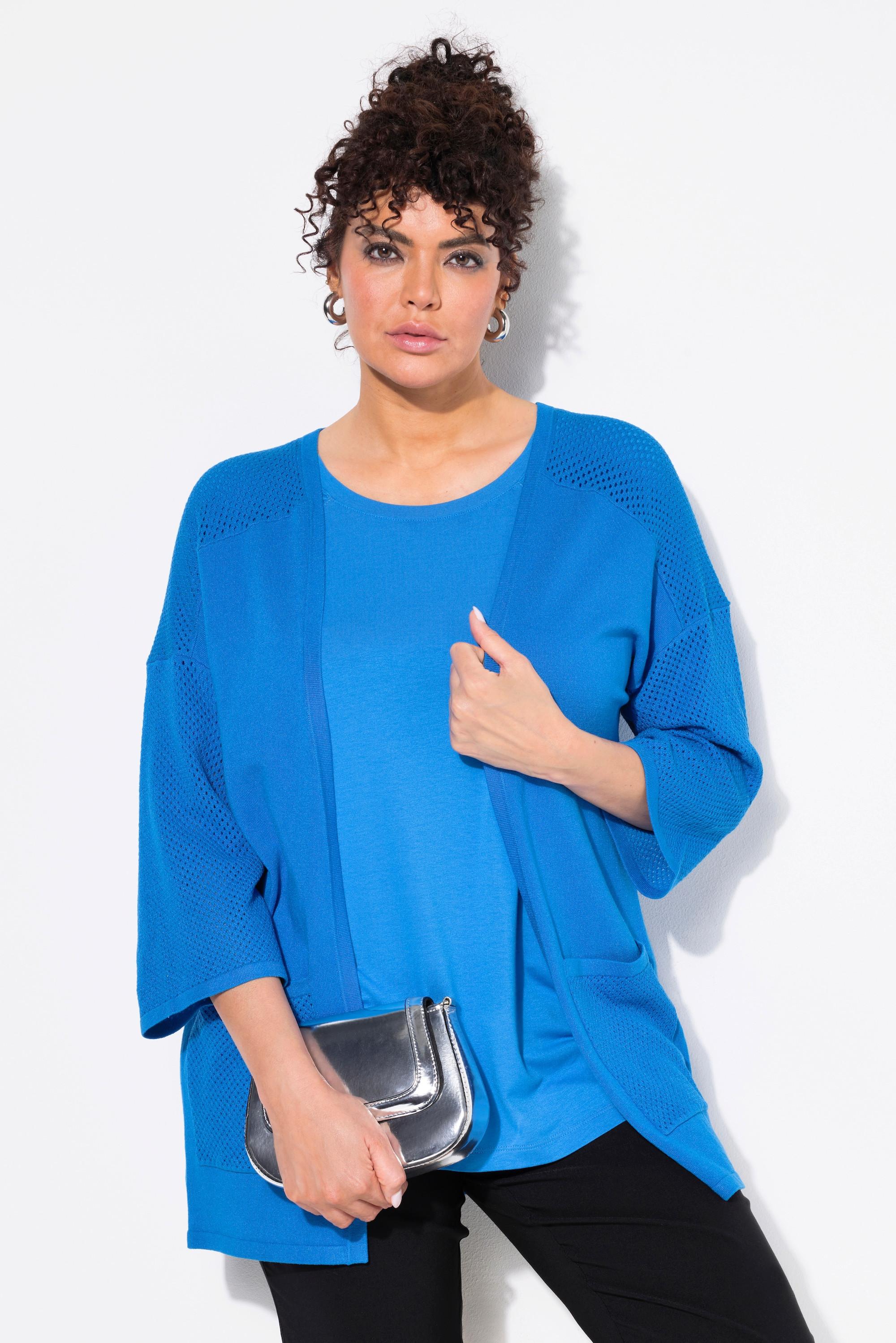 Ulla Popken Cardigan Jersey Mesh Oversize Encolure V Manches 3/4  