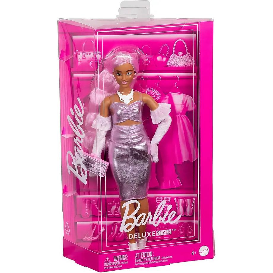 Barbie  Deluxe Style Puppe mit rosafarbenen Haaren und glänzendem rosa Kleid (Nr.1) 