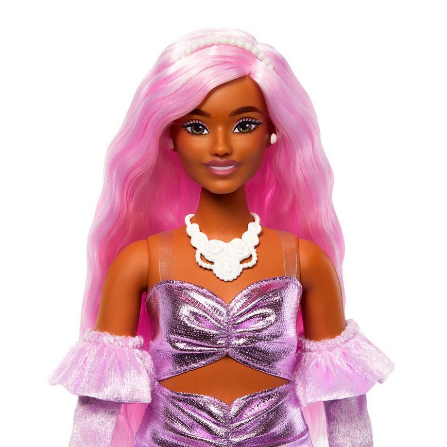 Barbie  Deluxe Style Puppe mit rosafarbenen Haaren und glänzendem rosa Kleid (Nr.1) 