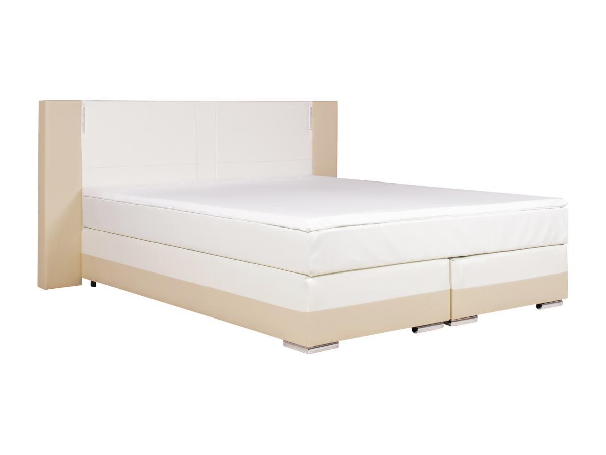 DREAMEA Set boxspring completo testata con LED + reti + materasso + topper ASTI similpelle crema e bianco  