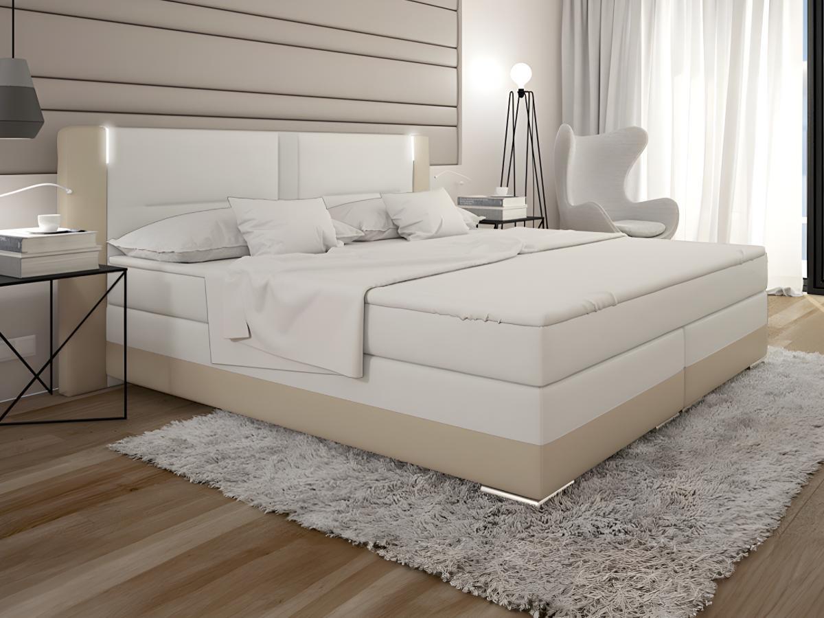 DREAMEA Set boxspring completo testata con LED + reti + materasso + topper ASTI similpelle crema e bianco  