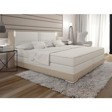 DREAMEA Set boxspring completo testata con LED + reti + materasso + topper ASTI similpelle crema e bianco  