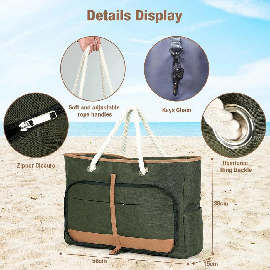 Only-bags.store Grosse Strandtasche mit Reissverschluss und Seilgriffen  