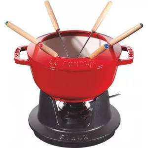 Fondue Set kirschrot m. 2 Griffen, rund. 18 cm