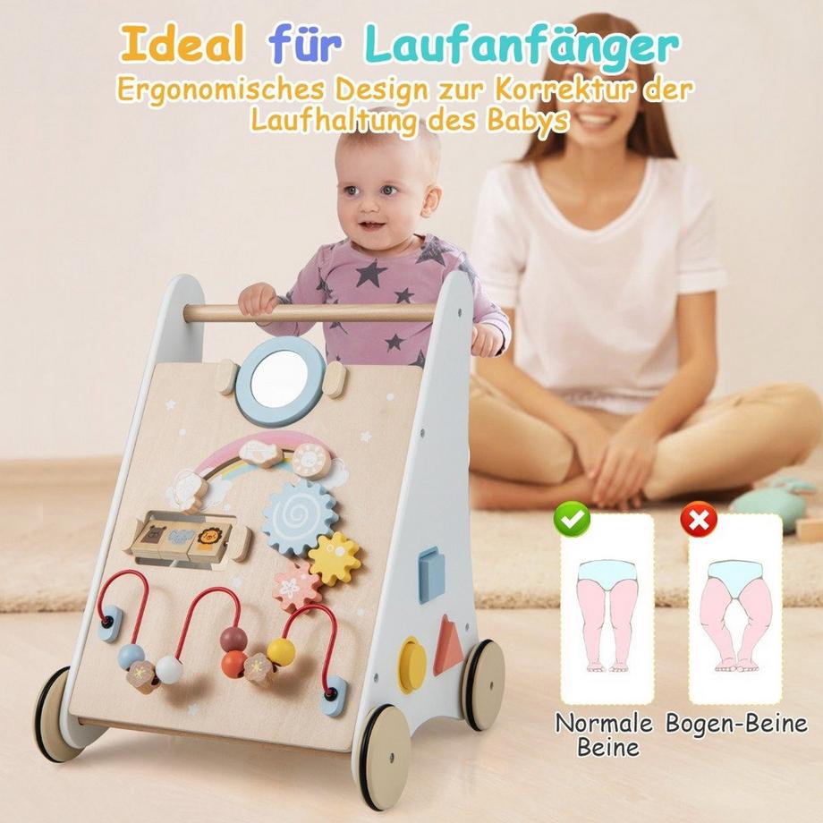 B2X  7 in 1 Lauflernhilfe aus Holz mit Spielbrett & Spiegel & Bauklötzen & Aufbewahrungsbox Lauflernwagen 