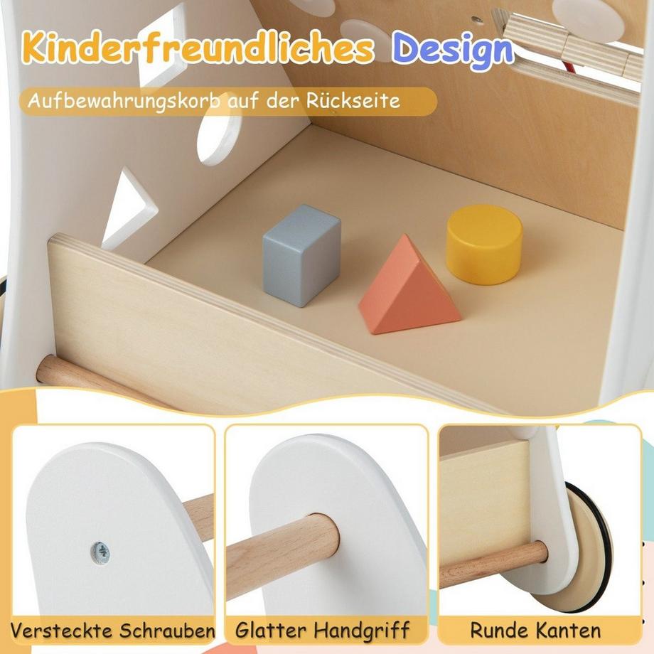 B2X  7 in 1 Lauflernhilfe aus Holz mit Spielbrett & Spiegel & Bauklötzen & Aufbewahrungsbox Lauflernwagen 
