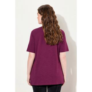 Ulla Popken  T-shirt in cotone biologico con righe a punto smock, scollo a girocollo e mezze maniche 