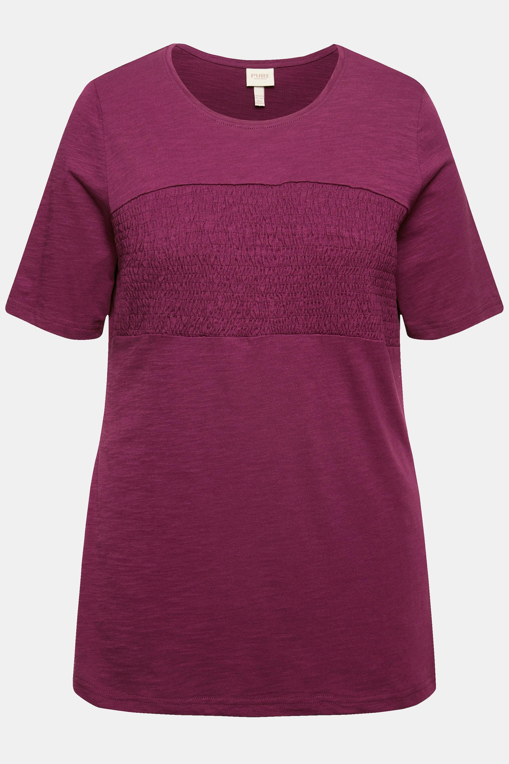 Ulla Popken  T-shirt in cotone biologico con righe a punto smock, scollo a girocollo e mezze maniche 