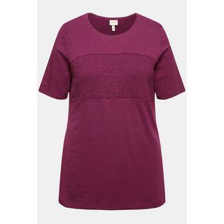 Ulla Popken  T-shirt in cotone biologico con righe a punto smock, scollo a girocollo e mezze maniche 