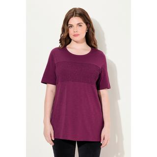 Ulla Popken  T-shirt in cotone biologico con righe a punto smock, scollo a girocollo e mezze maniche 