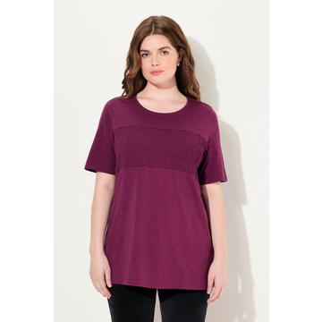 T-shirt in cotone biologico con righe a punto smock, scollo a girocollo e mezze maniche