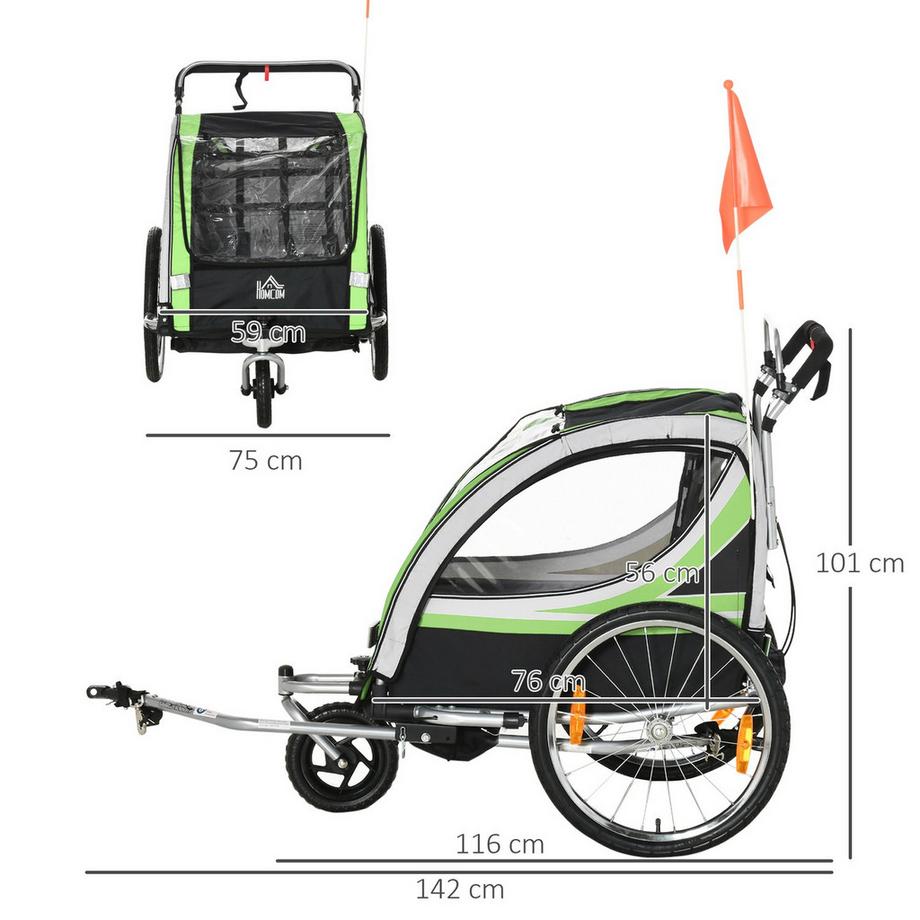 Northio  Remorque Enfant 2 En 1, Remorque À Vélo Avec Ceinture De Sécurité 5 Points, Rotative À 360° Avec Drapeau Pour Max. Deux Enfants Âgés De 1,5 Ans Et Plus. 