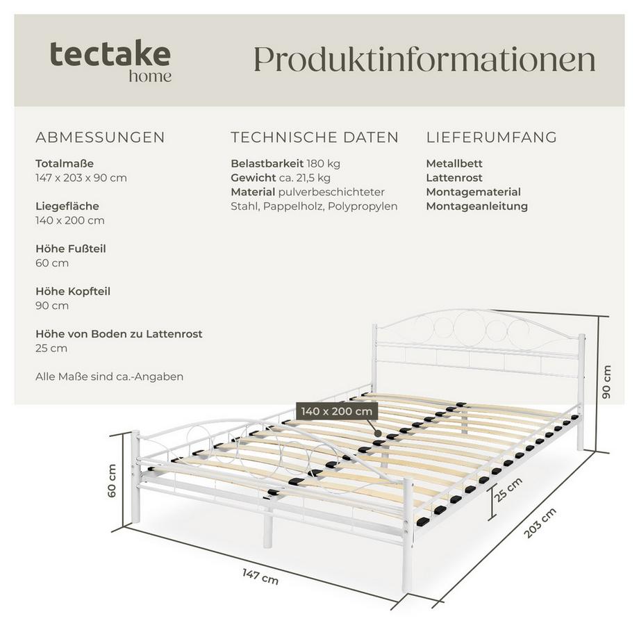 Tectake Lit design moderne avec sommier SONNO avec Cadre en Acier solide  