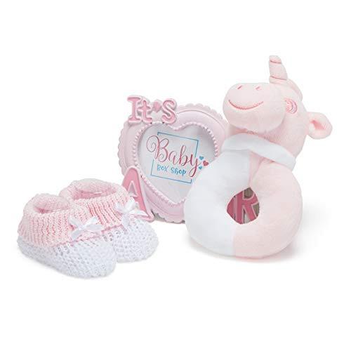 Activity-board  Coffret cadeau bébé dans une boîte souvenir - cadeau emballé à la main pour fille de naissance - coffret cadeau bébé avec hochet en peluche, cadre photo, couche en mousseline, bavoir, chaussettes, gants et bonnet 