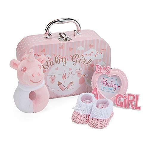 Activity-board  Coffret cadeau bébé dans une boîte souvenir - cadeau emballé à la main pour fille de naissance - coffret cadeau bébé avec hochet en peluche, cadre photo, couche en mousseline, bavoir, chaussettes, gants et bonnet 