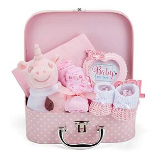 Activity-board  Coffret cadeau bébé dans une boîte souvenir - cadeau emballé à la main pour fille de naissance - coffret cadeau bébé avec hochet en peluche, cadre photo, couche en mousseline, bavoir, chaussettes, gants et bonnet 