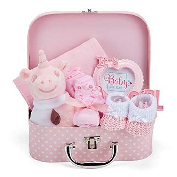 Coffret cadeau bébé dans une boîte souvenir - cadeau emballé à la main pour fille de naissance - coffret cadeau bébé avec hochet en peluche, cadre photo, couche en mousseline, bavoir, chaussettes, gants et bonnet