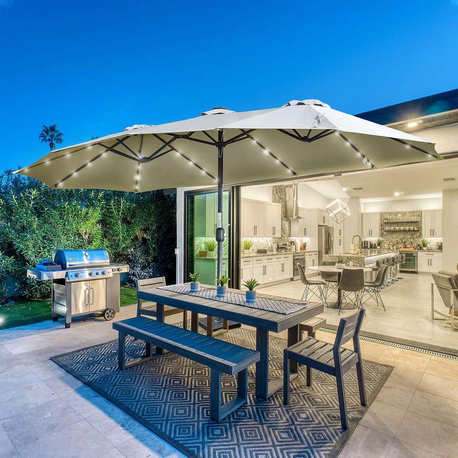 Northio Sonnenschirm Mit Led Solar 4,5M Doppelsonnenschirm Gartenschirm Marktschirm Terrassenschirm Oval Hellgrau+Schwarz  