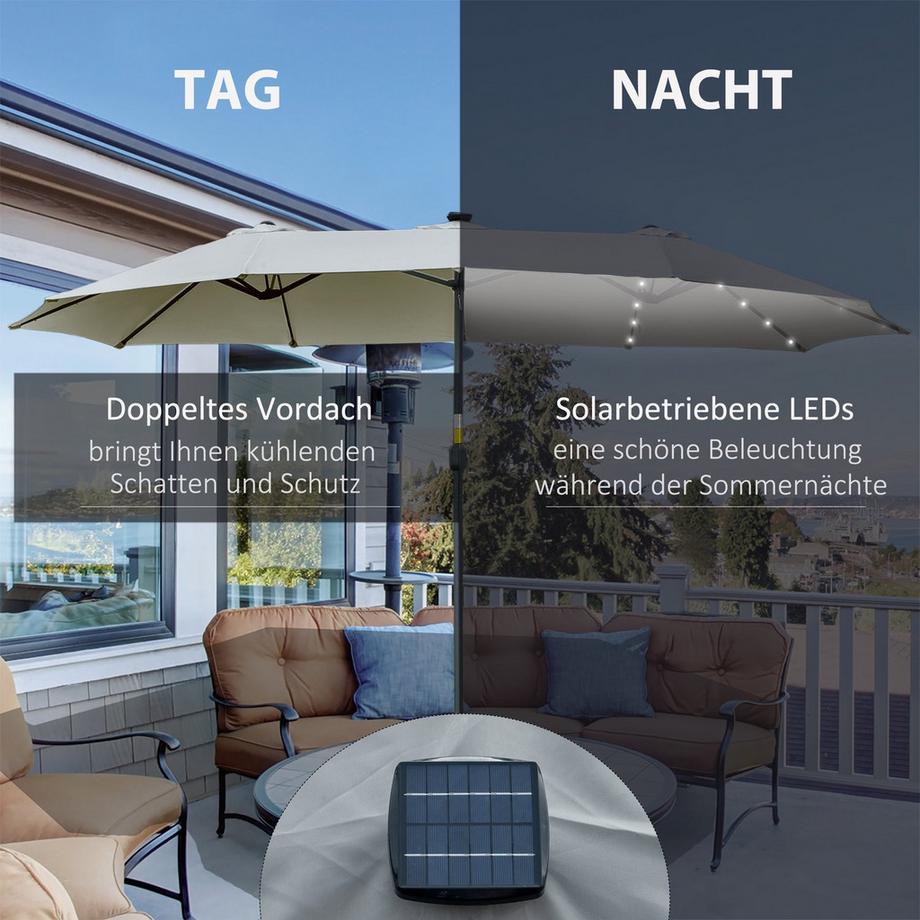 Northio Sonnenschirm Mit Led Solar 4,5M Doppelsonnenschirm Gartenschirm Marktschirm Terrassenschirm Oval Hellgrau+Schwarz  