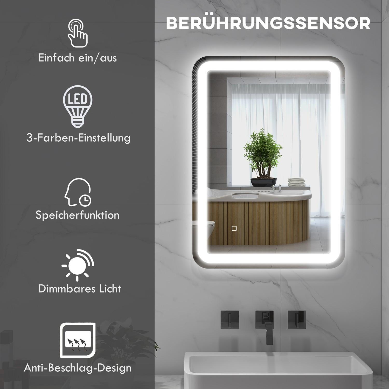 Northio  Miroir de salle de bain LED, 50 x 70 cm, IP44, avec 3 couleurs de lumière, interrupteur tactile, antibuée automatique, fonction mémoire, verre trempé, argent 