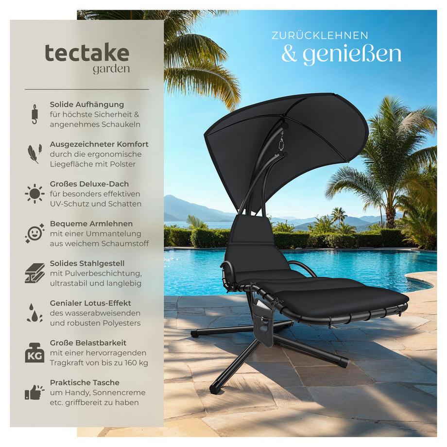 Tectake Hängeliege Elaria großes Sonnendach mit UV-Schutz stabil und strapazierfähig  