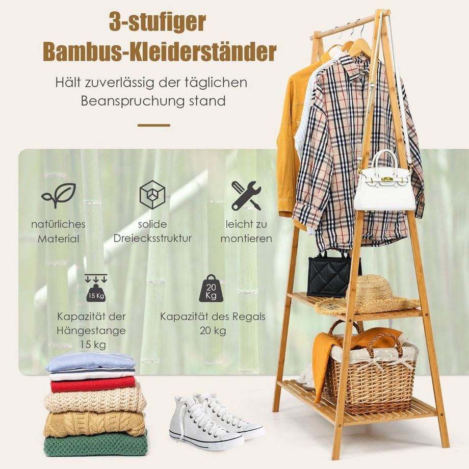 Northio  Portant à vêtements en bambou avec 2 étagères. Porte-manteau peu encombrant, naturel. 