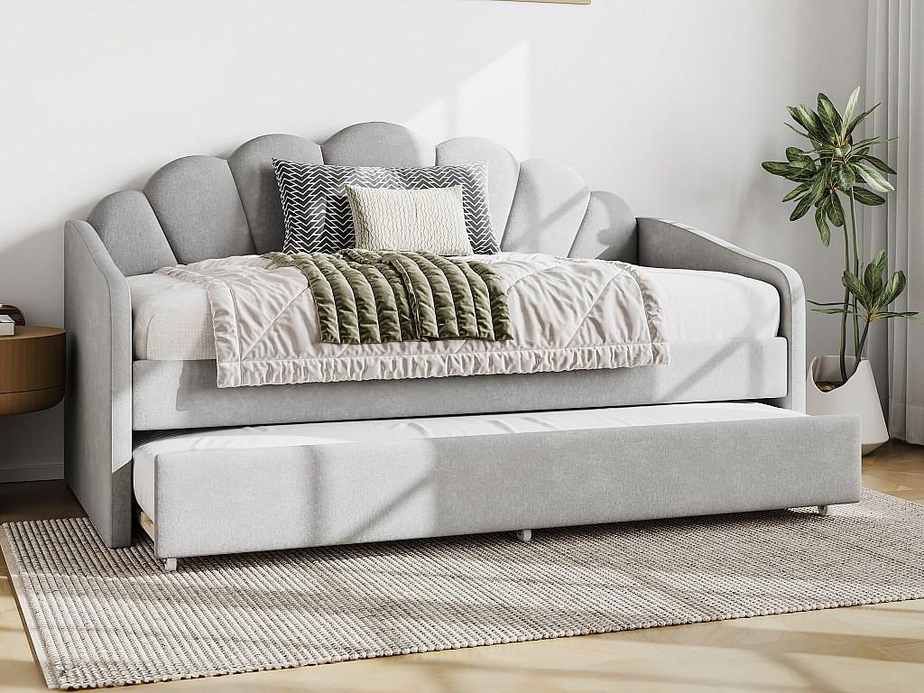 Vente-unique Ausziehbett Muschelform - 2 x 90 x 190 cm - Samt - Hellgrau + Matratze - ELUSIA  