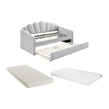 Ausziehbett Muschelform - 2 x 90 x 190 cm - Samt - Hellgrau + Matratze - ELUSIA